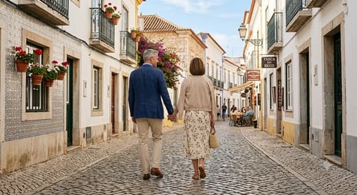 Couple walking through a traditional Portuguese street